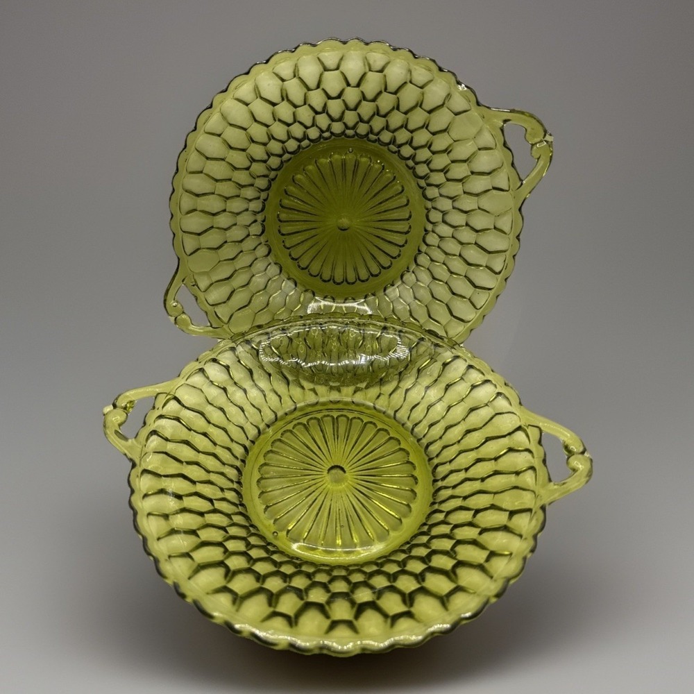 Set Of 2 Indiana Glass Green Honeycomb Glass Handled Dish 9.25 Wide MCM